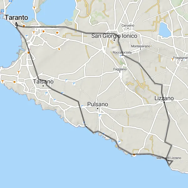 Map miniature of "Taranto to San Giorgio Ionico" cycling inspiration in Puglia, Italy. Generated by Tarmacs.app cycling route planner