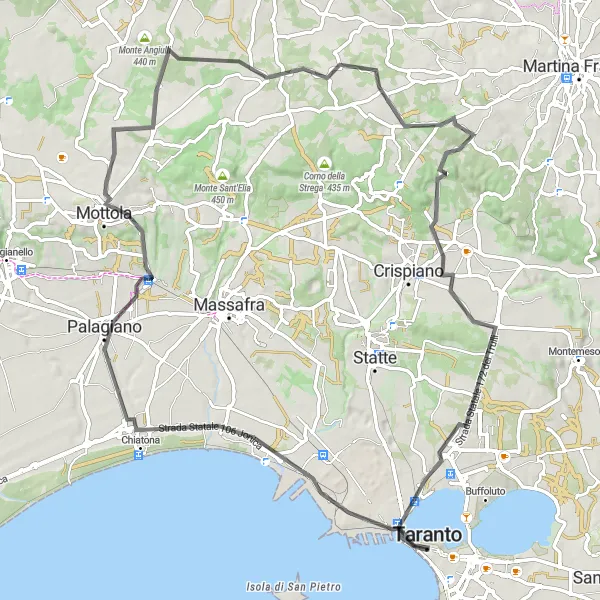 Map miniature of "Taranto to Palagiano" cycling inspiration in Puglia, Italy. Generated by Tarmacs.app cycling route planner