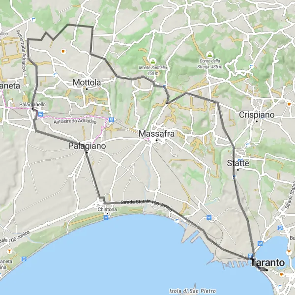 Miniatura della mappa di ispirazione al ciclismo "Itinerario tra Colline e Borgate" nella regione di Puglia, Italy. Generata da Tarmacs.app, pianificatore di rotte ciclistiche