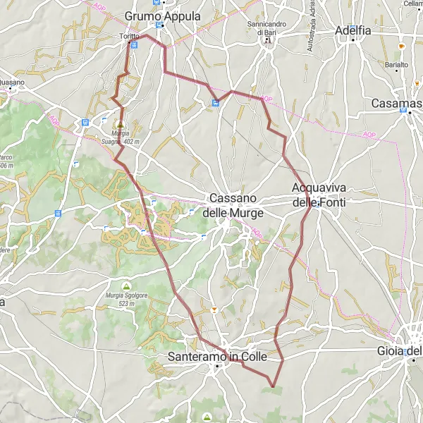 Map miniature of "The Castles of Toritto Gravel Ride" cycling inspiration in Puglia, Italy. Generated by Tarmacs.app cycling route planner