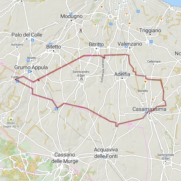 Miniatura della mappa di ispirazione al ciclismo "Gravel tra Toritto e Casamassima" nella regione di Puglia, Italy. Generata da Tarmacs.app, pianificatore di rotte ciclistiche