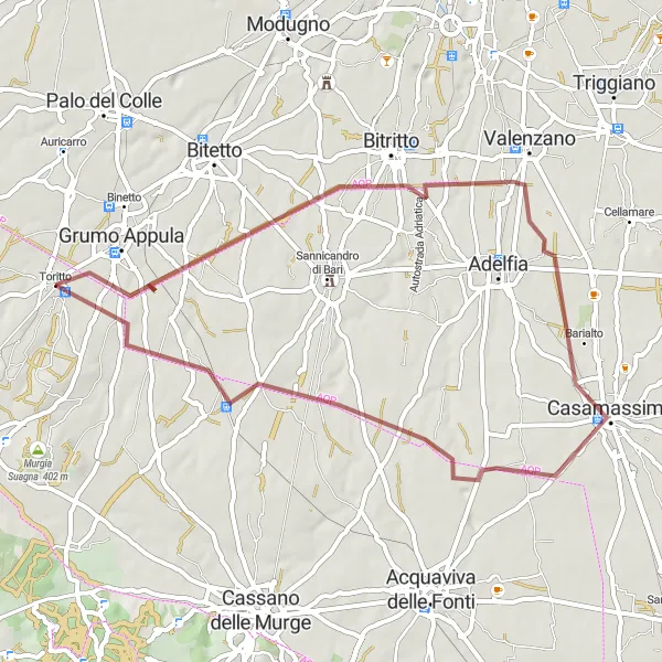Map miniature of "The Hidden Gems Gravel Ride" cycling inspiration in Puglia, Italy. Generated by Tarmacs.app cycling route planner
