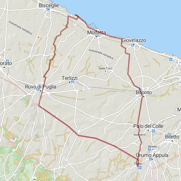 Miniatura della mappa di ispirazione al ciclismo "Alla Scoperta della Puglia Selvaggia" nella regione di Puglia, Italy. Generata da Tarmacs.app, pianificatore di rotte ciclistiche