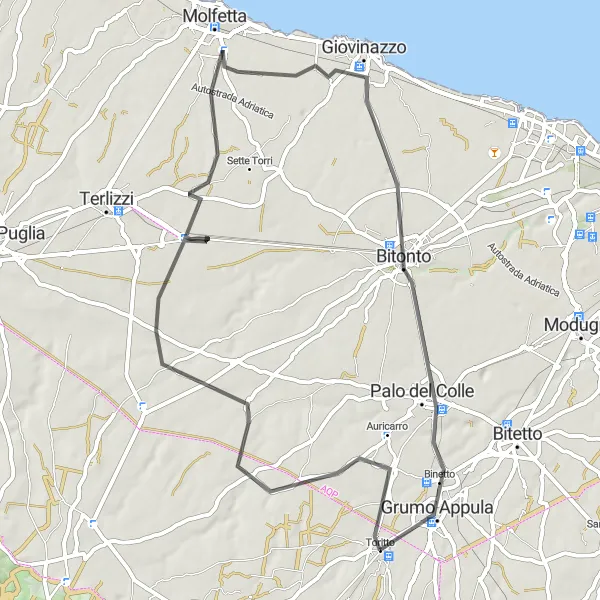 Miniatura della mappa di ispirazione al ciclismo "Rotta tra Borghi e Paesaggi" nella regione di Puglia, Italy. Generata da Tarmacs.app, pianificatore di rotte ciclistiche