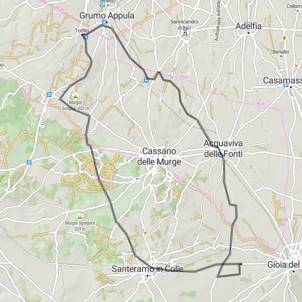 Miniatura della mappa di ispirazione al ciclismo "Tour delle Colline di Puglia" nella regione di Puglia, Italy. Generata da Tarmacs.app, pianificatore di rotte ciclistiche