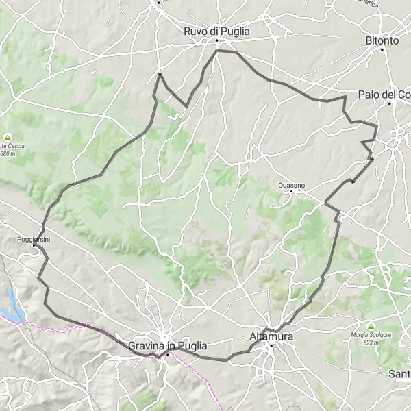 Miniatura della mappa di ispirazione al ciclismo "Giro delle Città Antiche" nella regione di Puglia, Italy. Generata da Tarmacs.app, pianificatore di rotte ciclistiche