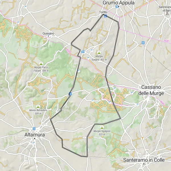 Map miniature of "Toritto Hillside Ride" cycling inspiration in Puglia, Italy. Generated by Tarmacs.app cycling route planner