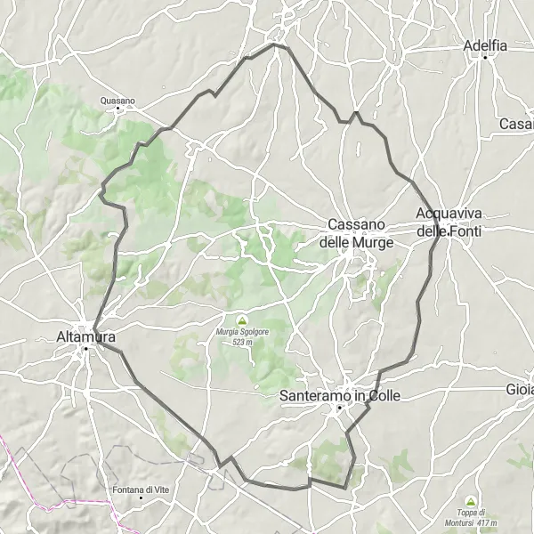 Miniatura della mappa di ispirazione al ciclismo "Cicloturismo stradale tra Grumo Appula e Toritto" nella regione di Puglia, Italy. Generata da Tarmacs.app, pianificatore di rotte ciclistiche