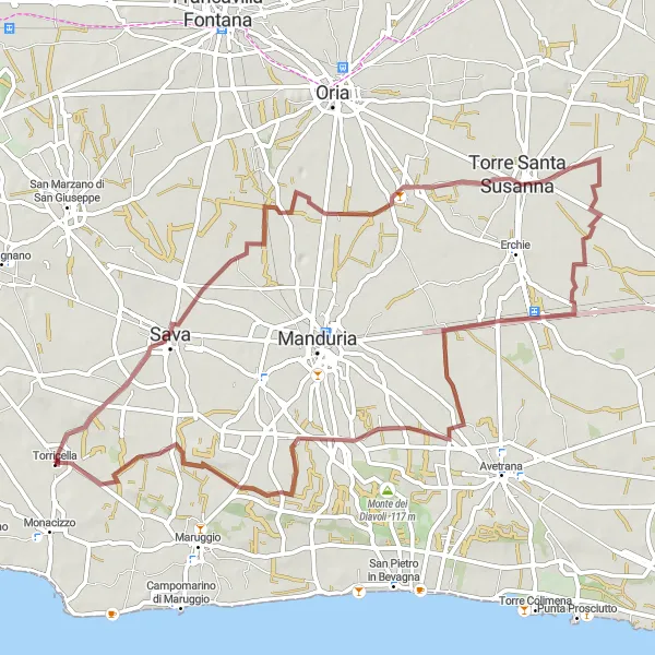 Map miniature of "Gravel Adventure through Sava and Torre Santa Susanna" cycling inspiration in Puglia, Italy. Generated by Tarmacs.app cycling route planner