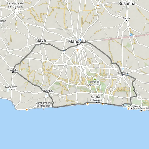 Map miniature of "Countryside Expedition to San Pietro in Bevagna" cycling inspiration in Puglia, Italy. Generated by Tarmacs.app cycling route planner