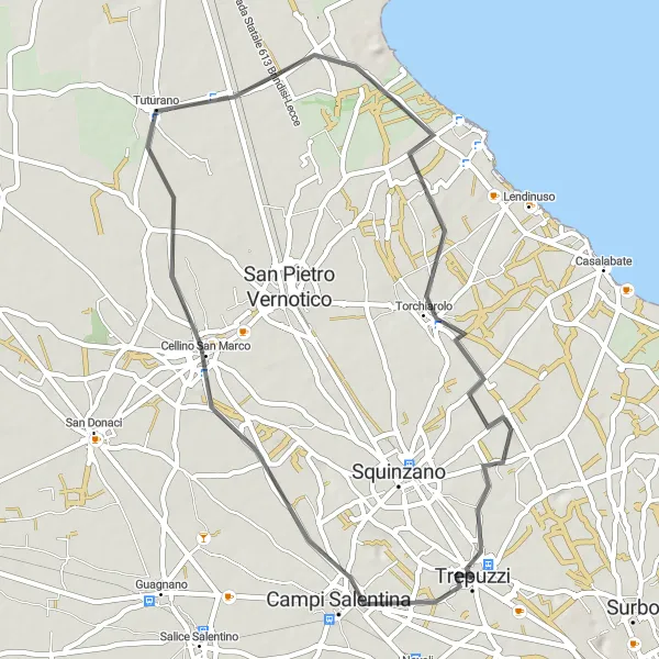Miniatura della mappa di ispirazione al ciclismo "Giro in bici attraverso Campi Salentina" nella regione di Puglia, Italy. Generata da Tarmacs.app, pianificatore di rotte ciclistiche