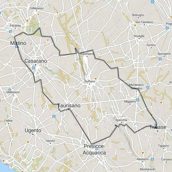 Map miniature of "Scenic Ride through Parabita and Supersano" cycling inspiration in Puglia, Italy. Generated by Tarmacs.app cycling route planner