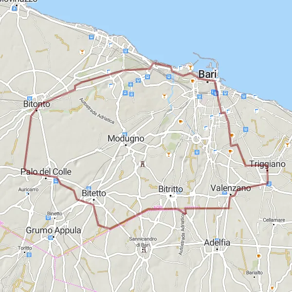 Map miniature of "Triggiano - Bari Exploration (Gravel)" cycling inspiration in Puglia, Italy. Generated by Tarmacs.app cycling route planner