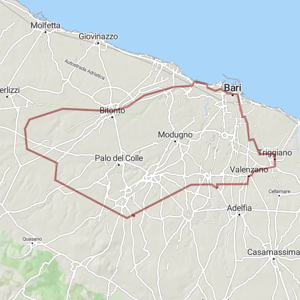 Map miniature of "Triggiano to Valenzano and Bari (Gravel Route)" cycling inspiration in Puglia, Italy. Generated by Tarmacs.app cycling route planner