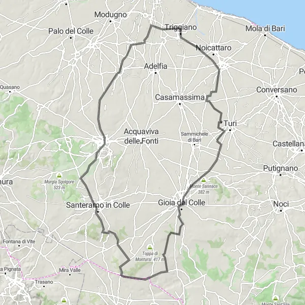 Map miniature of "Triggiano to Capurso and Monte Sannace" cycling inspiration in Puglia, Italy. Generated by Tarmacs.app cycling route planner