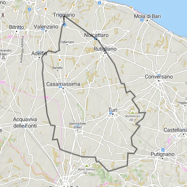 Map miniature of "Triggiano Road Cycling Adventure" cycling inspiration in Puglia, Italy. Generated by Tarmacs.app cycling route planner
