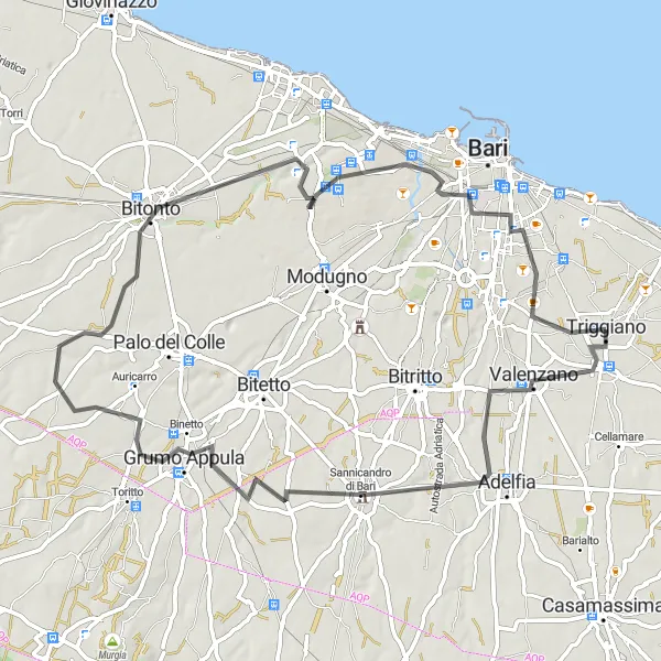 Map miniature of "Triggiano to Capurso and Bitonto" cycling inspiration in Puglia, Italy. Generated by Tarmacs.app cycling route planner