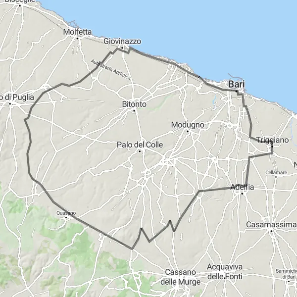 Map miniature of "Triggiano to Valenzano and Bari" cycling inspiration in Puglia, Italy. Generated by Tarmacs.app cycling route planner