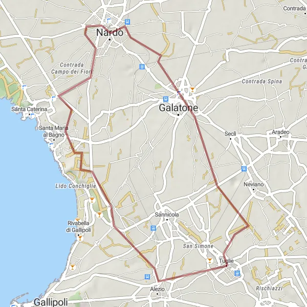 Miniatura della mappa di ispirazione al ciclismo "Gravel Trek Alezio-Monte Grappa" nella regione di Puglia, Italy. Generata da Tarmacs.app, pianificatore di rotte ciclistiche