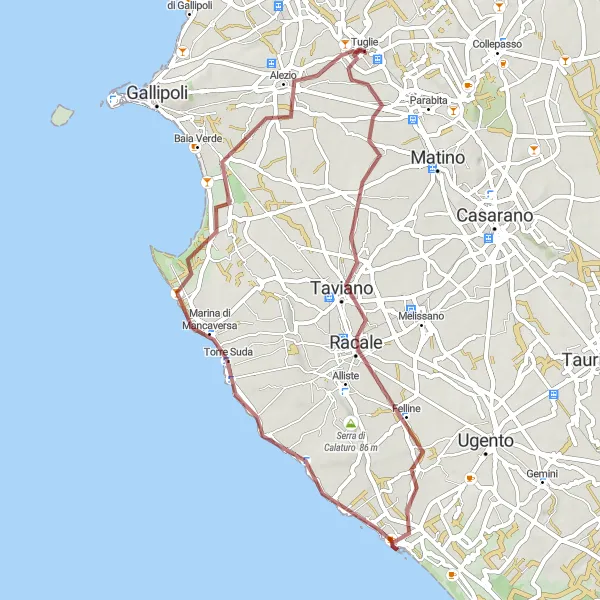 Map miniature of "Gravel Adventure to Alezio and Torre Suda" cycling inspiration in Puglia, Italy. Generated by Tarmacs.app cycling route planner