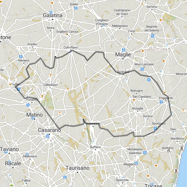 Miniatura della mappa di ispirazione al ciclismo "Road Adventure Poggiardo-Parabita" nella regione di Puglia, Italy. Generata da Tarmacs.app, pianificatore di rotte ciclistiche