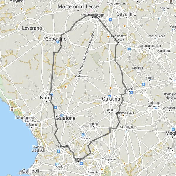 Map miniature of "Coastal Delights" cycling inspiration in Puglia, Italy. Generated by Tarmacs.app cycling route planner