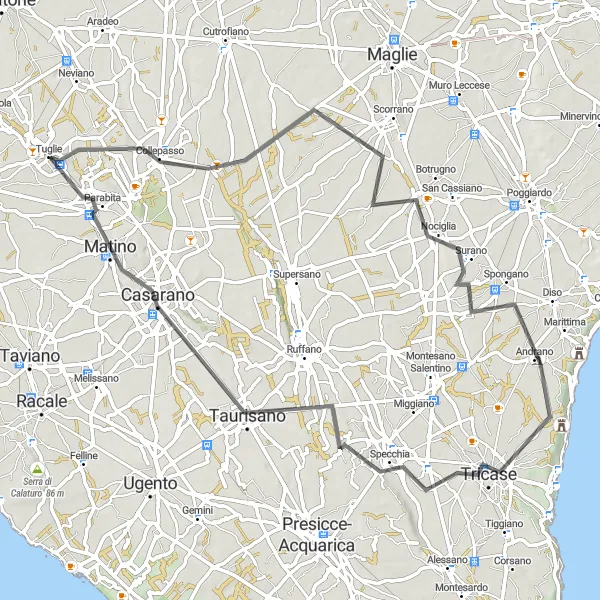 Map miniature of "Scenic Road Cycling Tour to Nociglia and Tricase" cycling inspiration in Puglia, Italy. Generated by Tarmacs.app cycling route planner