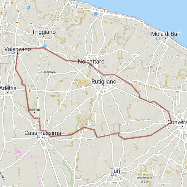 Map miniature of "Nature Escape to Casamassima" cycling inspiration in Puglia, Italy. Generated by Tarmacs.app cycling route planner