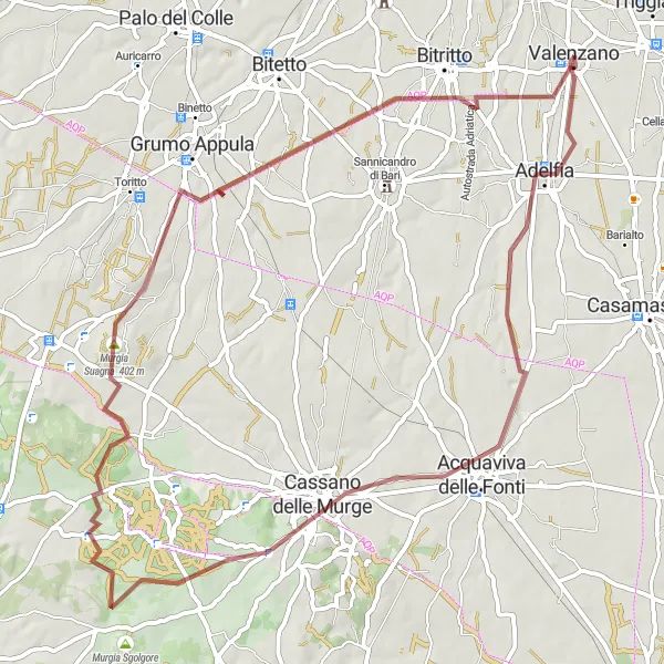 Map miniature of "Valenzano to Monte Cucco Gravel Route" cycling inspiration in Puglia, Italy. Generated by Tarmacs.app cycling route planner