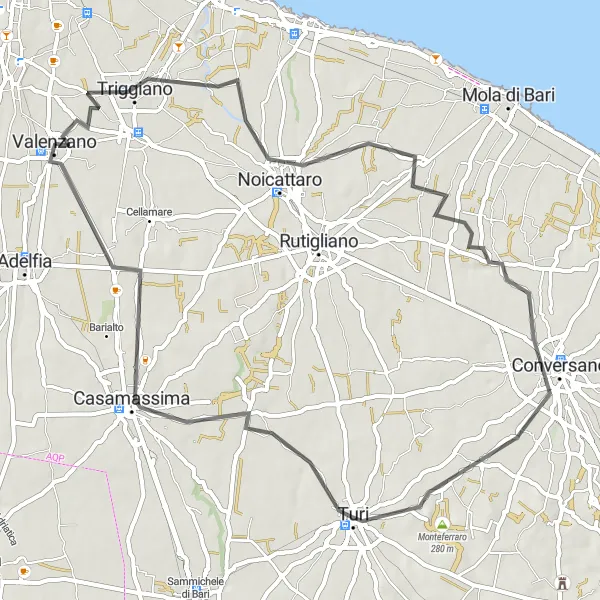 Map miniature of "The Coastal Loop" cycling inspiration in Puglia, Italy. Generated by Tarmacs.app cycling route planner