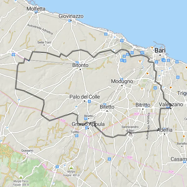 Map miniature of "Valenzano to Ceglie del Campo Road Route" cycling inspiration in Puglia, Italy. Generated by Tarmacs.app cycling route planner