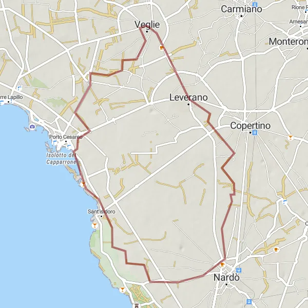 Map miniature of "Scenic Gravel Ride to Sant'isidoro" cycling inspiration in Puglia, Italy. Generated by Tarmacs.app cycling route planner