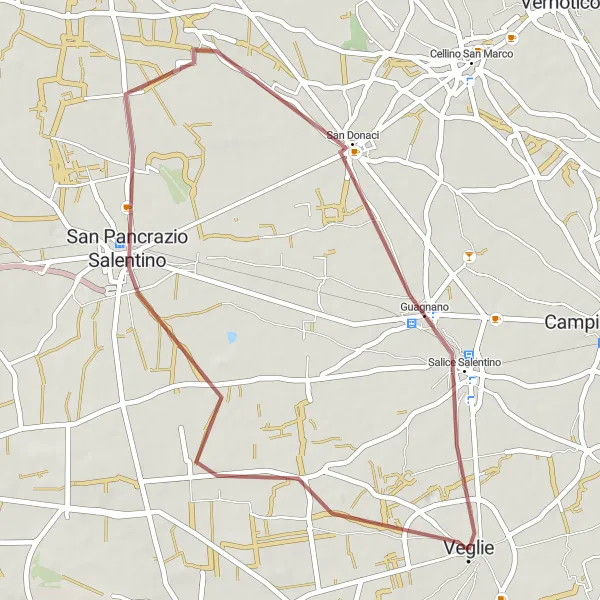 Map miniature of "Veglie to Guagnano Gravel Ride" cycling inspiration in Puglia, Italy. Generated by Tarmacs.app cycling route planner