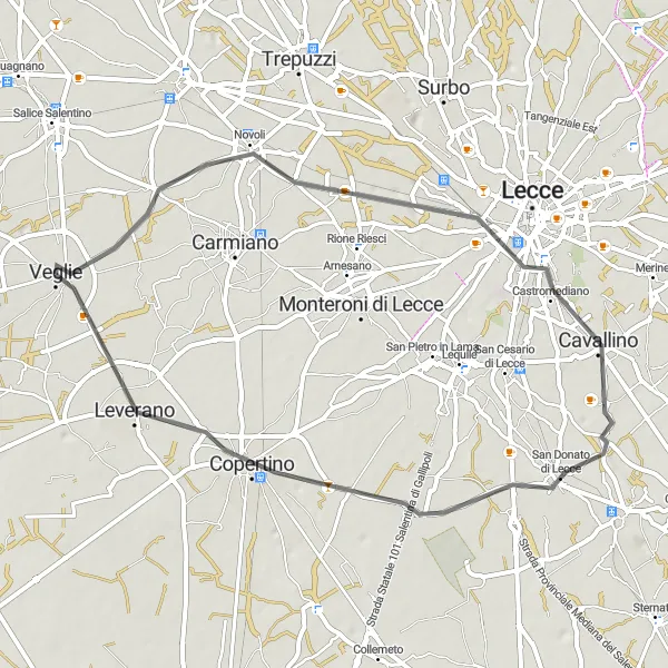 Map miniature of "Lecce Loop: Road Cycling in Baroque Splendor" cycling inspiration in Puglia, Italy. Generated by Tarmacs.app cycling route planner