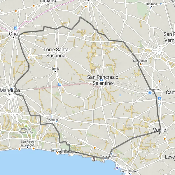 Map miniature of "The Ultimate Salento Challenge" cycling inspiration in Puglia, Italy. Generated by Tarmacs.app cycling route planner