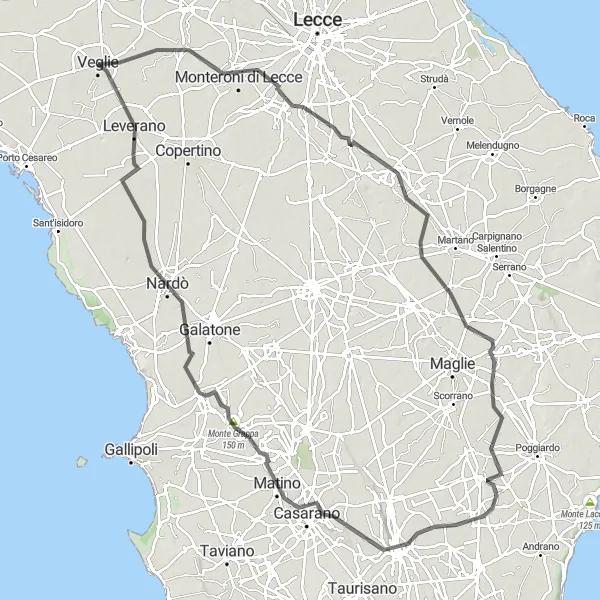 Map miniature of "Circular Route through Veglie and Surrounding Towns" cycling inspiration in Puglia, Italy. Generated by Tarmacs.app cycling route planner