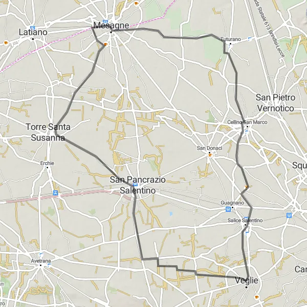 Map miniature of "Veglie to Salice Salentino Loop" cycling inspiration in Puglia, Italy. Generated by Tarmacs.app cycling route planner