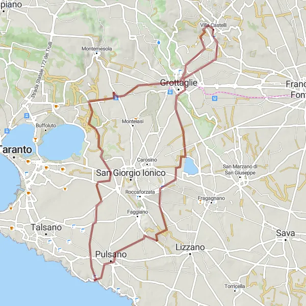 Miniatura della mappa di ispirazione al ciclismo "Gravel tra Villa Castelli e Grottaglie" nella regione di Puglia, Italy. Generata da Tarmacs.app, pianificatore di rotte ciclistiche