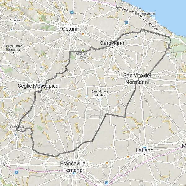 Miniatura della mappa di ispirazione al ciclismo "Road tra Ceglie Messapica e Villa Castelli" nella regione di Puglia, Italy. Generata da Tarmacs.app, pianificatore di rotte ciclistiche