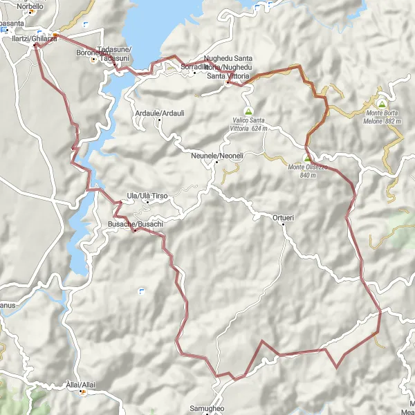 Map miniature of "The Gravel Adventure" cycling inspiration in Sardegna, Italy. Generated by Tarmacs.app cycling route planner