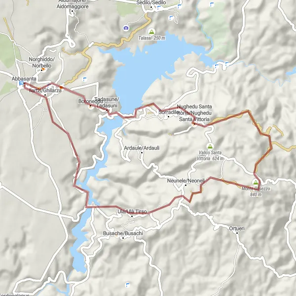Map miniature of "Gravel Tour to Boroneddu, Neunele/Neoneli, and Ilartzi/Ghilarza" cycling inspiration in Sardegna, Italy. Generated by Tarmacs.app cycling route planner