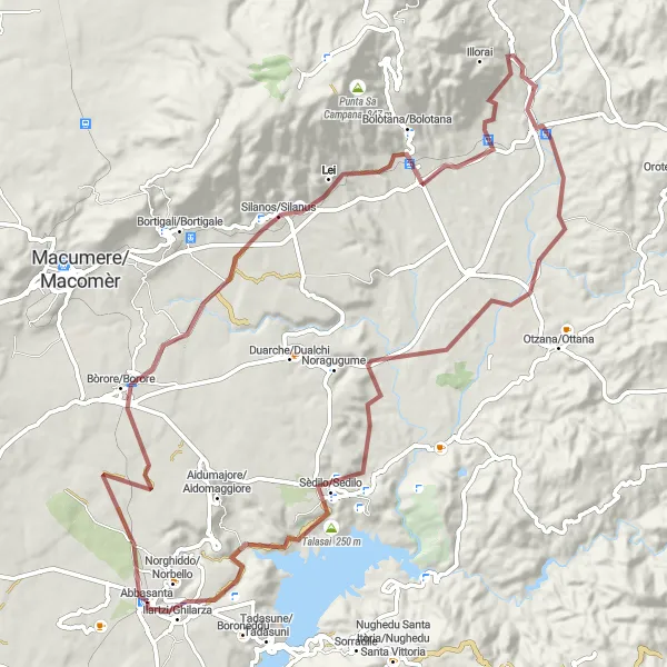 Map miniature of "Gravel Adventure through Talasai" cycling inspiration in Sardegna, Italy. Generated by Tarmacs.app cycling route planner