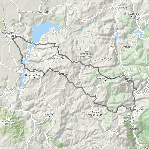 Map miniature of "Nughedu Santa Vittoria to Ilartzi" cycling inspiration in Sardegna, Italy. Generated by Tarmacs.app cycling route planner