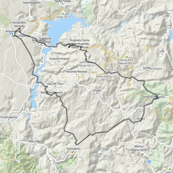 Map miniature of "Scenic Ride through Sorradile to Busache" cycling inspiration in Sardegna, Italy. Generated by Tarmacs.app cycling route planner