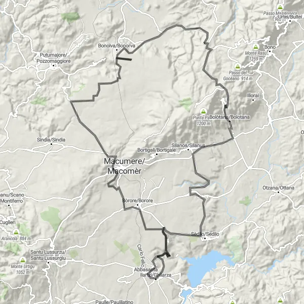 Map miniature of "The Mountainous Delight" cycling inspiration in Sardegna, Italy. Generated by Tarmacs.app cycling route planner