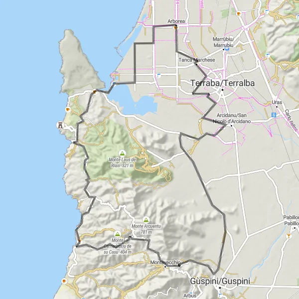 Miniatura della mappa di ispirazione al ciclismo "Cicloturismo da Arcidanu a Arborea" nella regione di Sardegna, Italy. Generata da Tarmacs.app, pianificatore di rotte ciclistiche