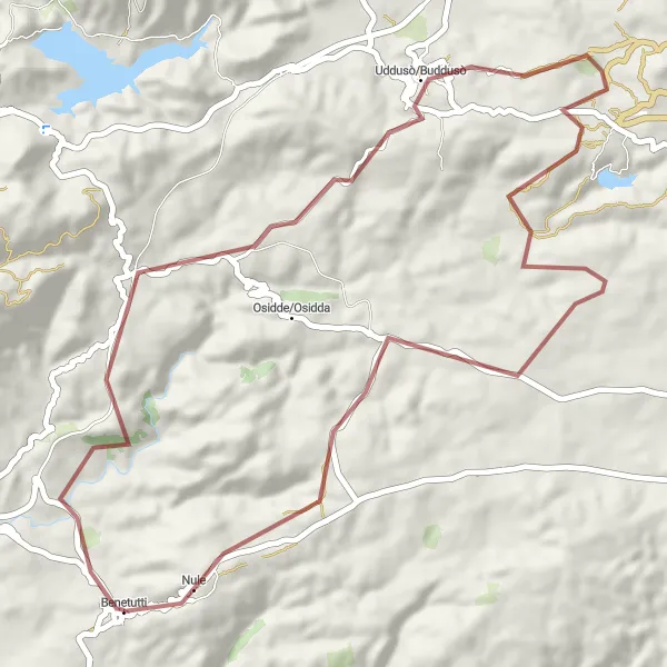 Miniatura della mappa di ispirazione al ciclismo "Circuito granuloso attraverso Benetutti e Nule" nella regione di Sardegna, Italy. Generata da Tarmacs.app, pianificatore di rotte ciclistiche