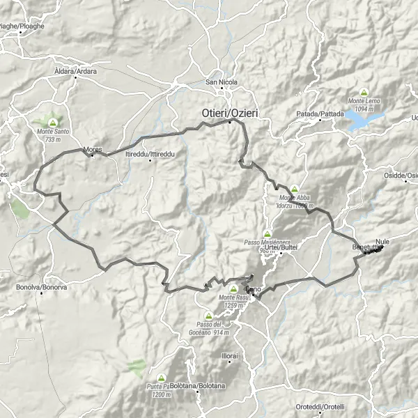 Miniatura della mappa di ispirazione al ciclismo "Road Route da Benetutti a Nule" nella regione di Sardegna, Italy. Generata da Tarmacs.app, pianificatore di rotte ciclistiche