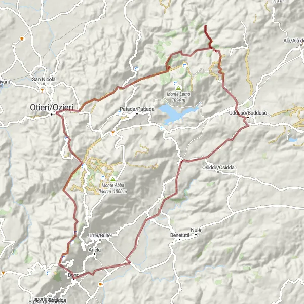 Miniatura della mappa di ispirazione al ciclismo "Tour delle Montagne di Bono" nella regione di Sardegna, Italy. Generata da Tarmacs.app, pianificatore di rotte ciclistiche