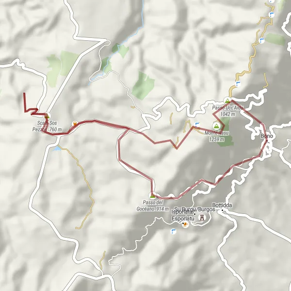Miniatura della mappa di ispirazione al ciclismo "Giro in bicicletta intorno a Bono - Ghiaia" nella regione di Sardegna, Italy. Generata da Tarmacs.app, pianificatore di rotte ciclistiche